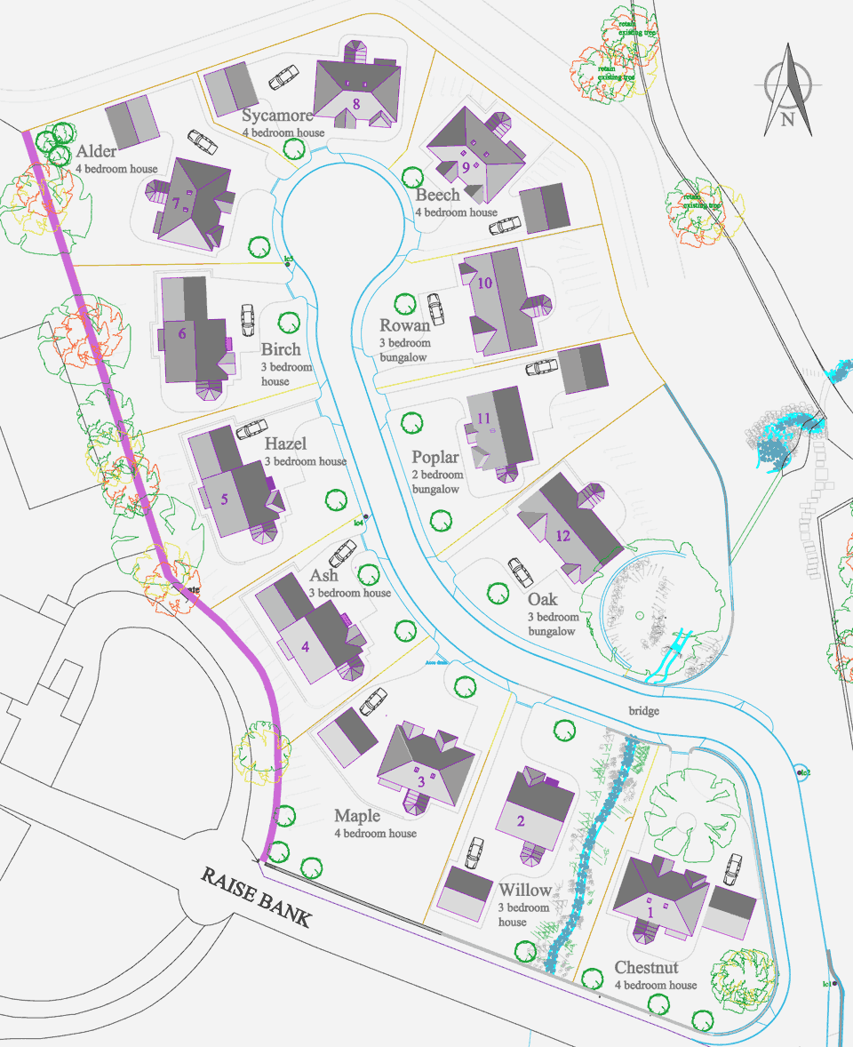 Siteplan showing twelve building plots at the Raise Park Development site at Alston